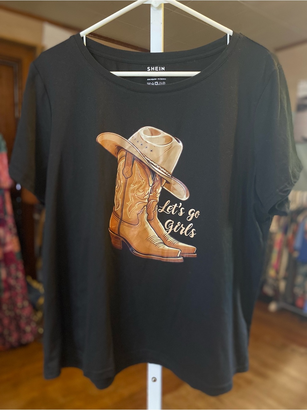 Shania Twain “let’s go girls” Black Tee with Tan Cowboy Boot & Hat Graphic